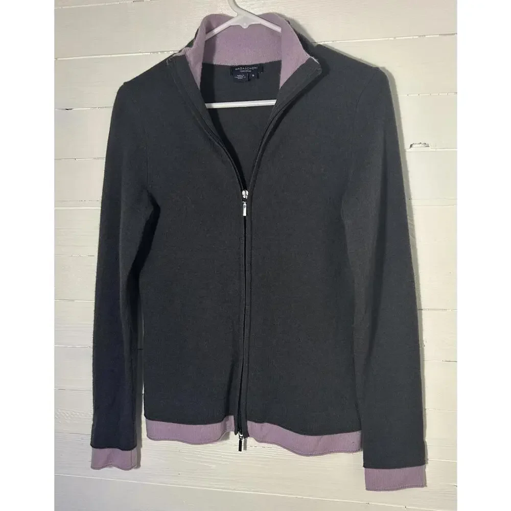 Magaschoni cashmere zip up sweater, gray/light purple, women’s size small.